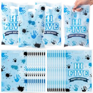 kmavkait Hi Five Party Favor Bags - 50Pcs Blue 5th Birthday Painting Goody Candy Treat Gifts Bags High 5 Year Old Theme Decorations for Kids Boys Girls Five Years Old Birthday Art Painting Party Supplies